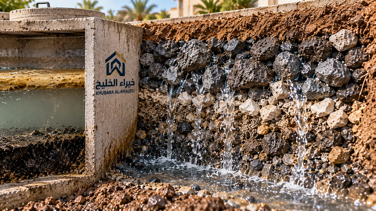 فحص مسامية التربة الحصوية والطبقات الجيولوجية المحيطة بجدران خزان الصرف لاستعادة الامتصاص