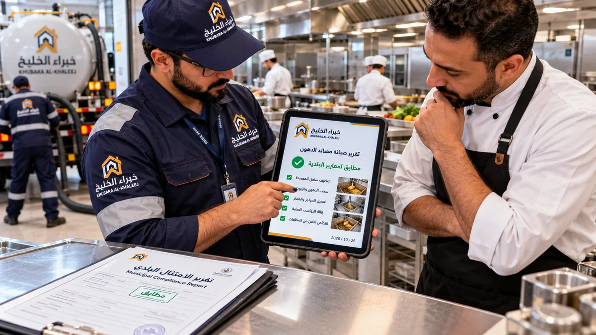 مشرف السباكة الميداني يراجع سجل الصيانة الرقمي وعقود الامتثال لاشتراطات البلدية مع مدير المطعم