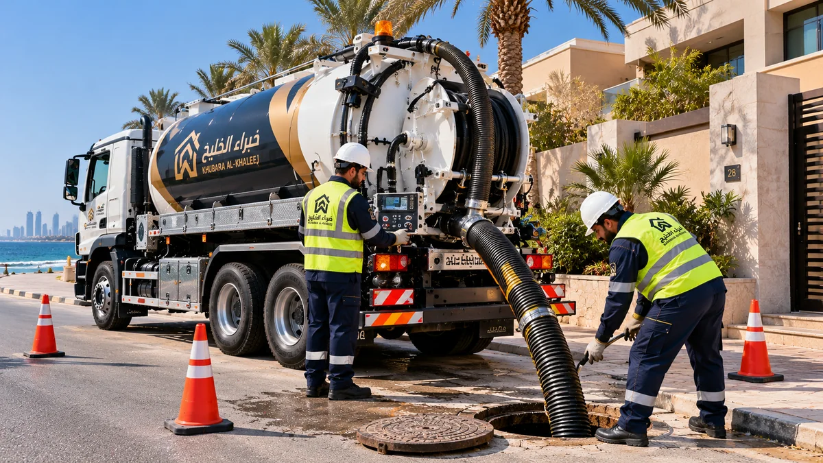 عملية شفط وتنظيف بيارة فيلا ساحلية بحي الشاطئ بالدمام بصهريج سحب فراغي متطور
