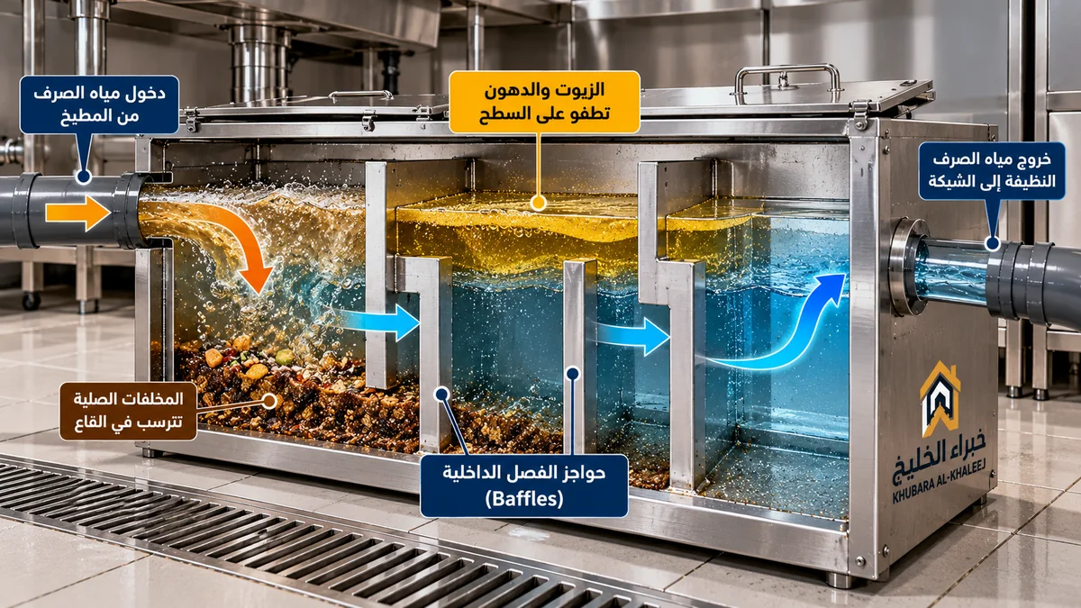 مخطط مقطعي هندسي لمصيدة الشحوم يوضح حواجز الفصل الداخلية Baffles وآلية حجز الزيوت والرواسب الصلبة