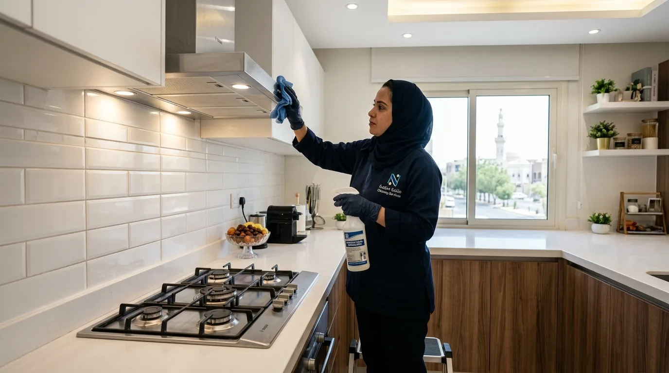 تنظيف مطابخ شقق بجدة - إذابة الدهون وتلميع شفاط البوتاجاز والدواليب - خبراء الخليج