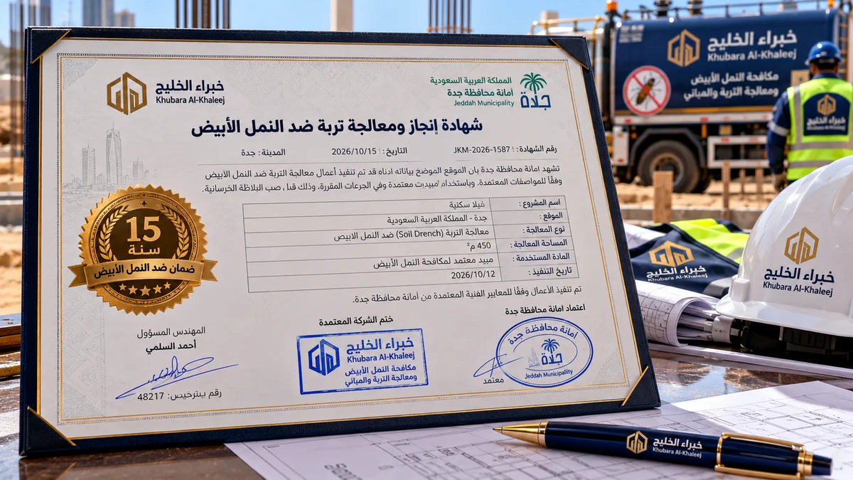شهادة رش دفان بجدة - تسليم شهادة معتمدة 15 سنة مقبولة لدى منصة بلدي والأمانة لإصدار رخصة إتمام البناء