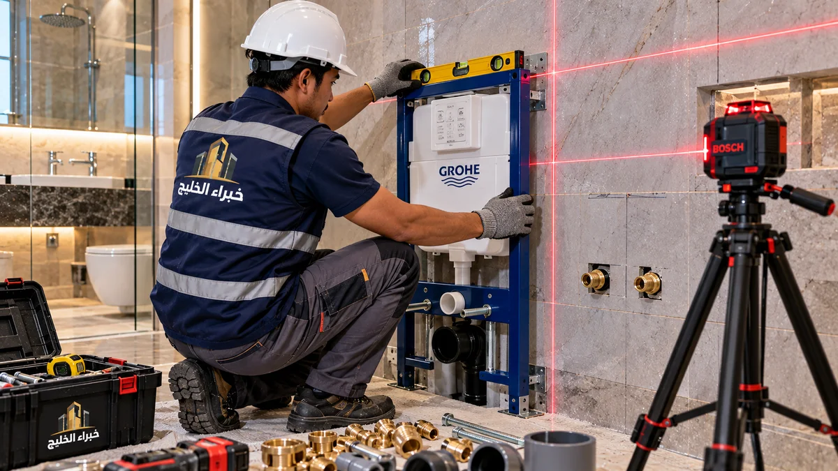 معلم سباك بجده - سباك فلبيني محترف يركب شاسيه كرسي معلق Grohe بميزان ليزر دقيق