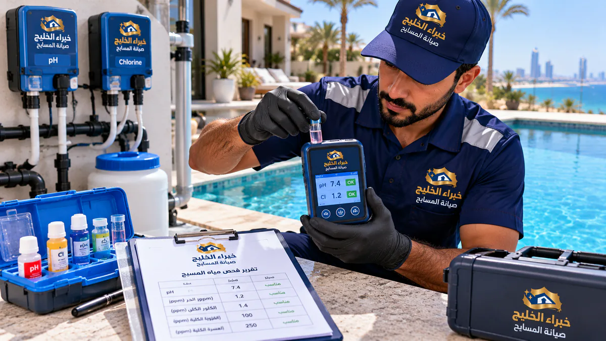 فحص مياه المسابح بجدة - قياس الكلور والحموضة pH بجهاز فوتوميتر رقمي معتمد لدى خبراء الخليج