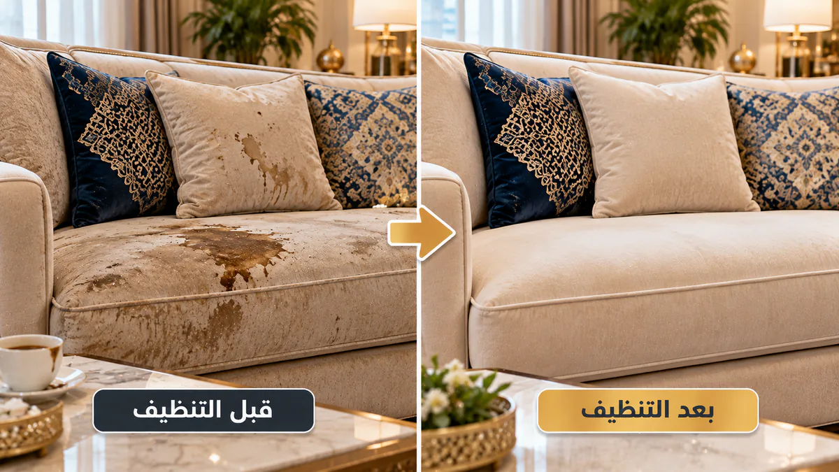 شركة تنظيف كنب بجدة - مقارنة قبل وبعد إزالة بقع القهوة والأوساخ بالبخار الحار واستعادة رونق القماش الأصلي