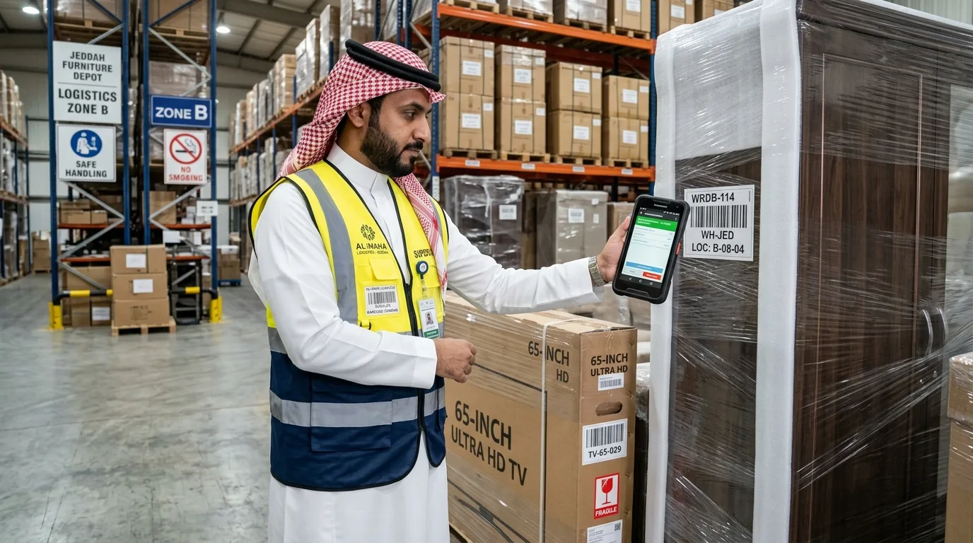 جرد وتأمين الأثاث في مستودعات جدة - مسح الباركود الإلكتروني وتوثيق المحتويات - خبراء الخليج