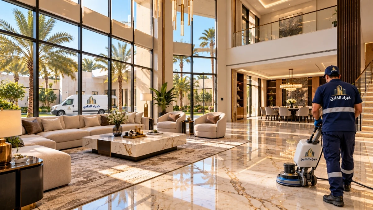 شركة تنظيف فلل بجدة - صالون فيلا فاخرة دبل هايت وأسطول سيارات خبراء الخليج أثناء جلي الرخام