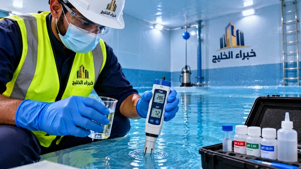 تعقيم مياه الخزان واختبار الجودة بجهاز قياس الأملاح TDS والحموضة pH - خبراء الخليج