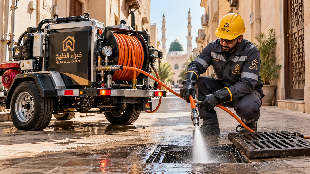 فني تسليك مجاري بأجهزة الضغط العالي المدمجة الهيدروجت في أزقة وأحياء المدينة المنورة السكنية