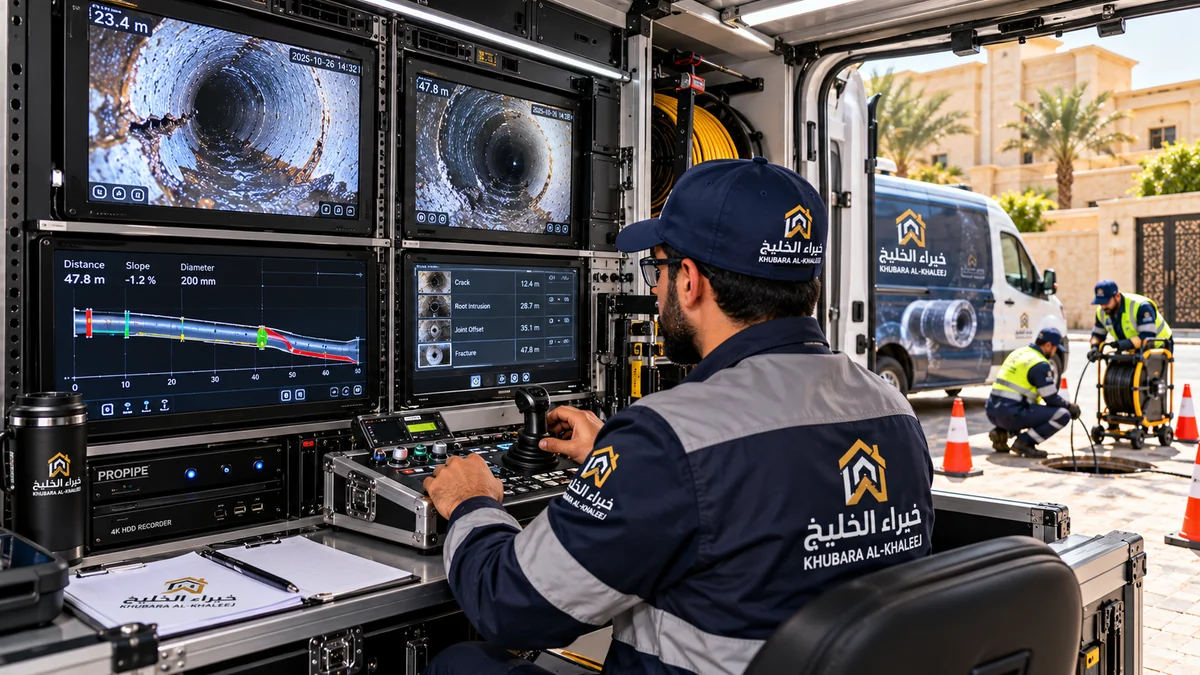 وحدة التحكم والتشخيص الميدانية المتنقلة داخل شاحنة فحص شبكات الصرف الصحي للمشاريع والفلل الكبيرة