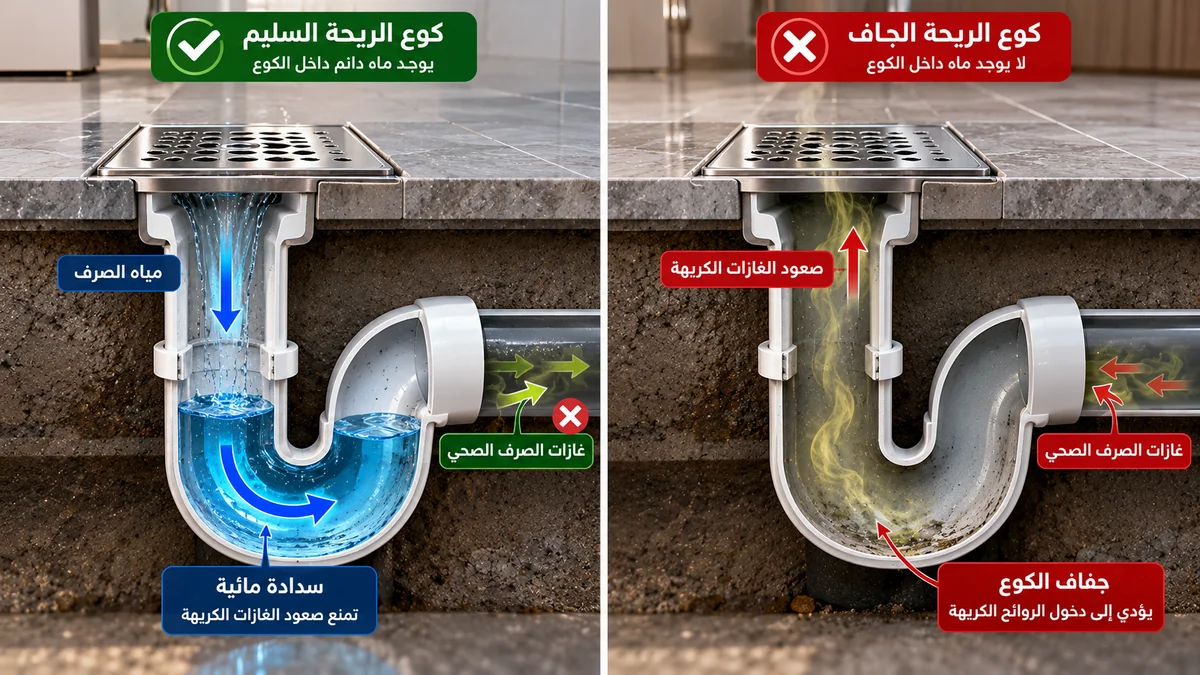 رسم مقطعي ثلاثي الأبعاد يوضح آلية عمل الحاجز المائي السيفوني داخل كوع الريحة P-Trap لمنع تسرب الروائح