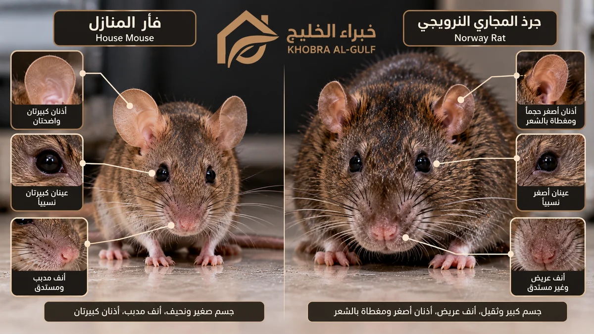 الفروق التشريحية في شكل الرأس وحجم الأذنين واستدارة الأنف بين الفأر والجرذ