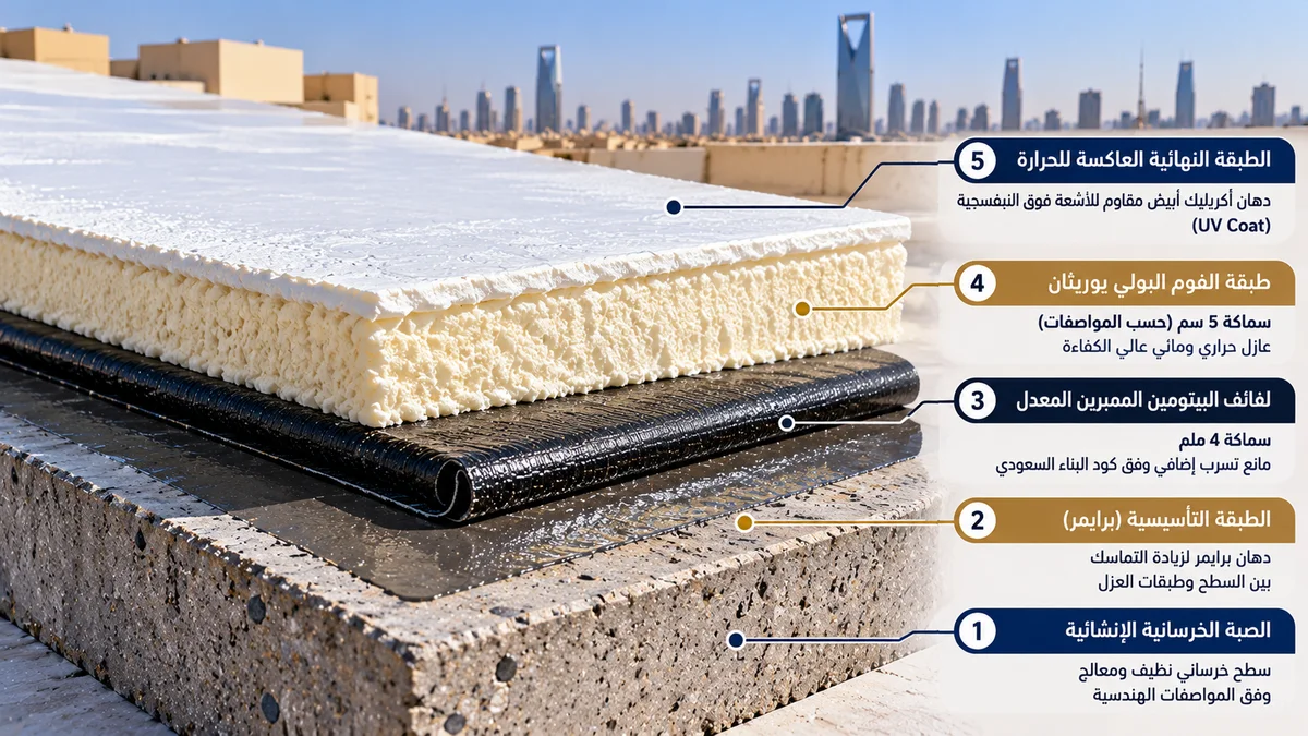 مخطط هندسي لطبقات العزل المائي والحراري وصيانة الميول لأسطح المباني بالرياض