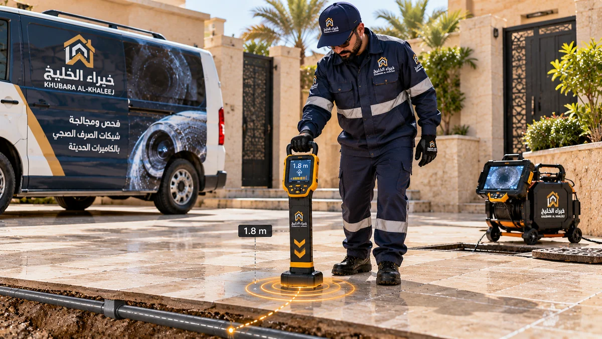 مهندس فحص الصرف يستخدم جهاز التتبع الكهرومغناطيسي اللاسلكي لتحديد موقع وعمق الكسر بالسنتيمتر فوق بلاط الحوش