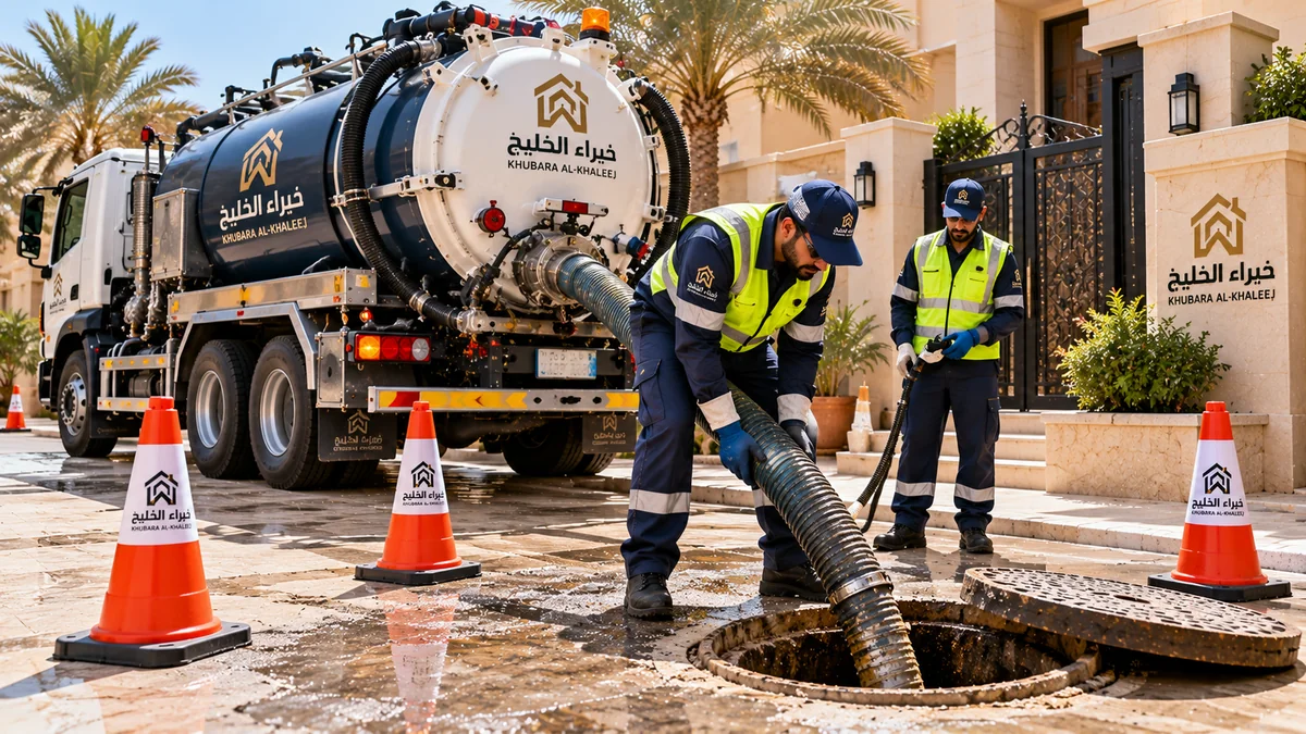 طاقم شاحنة وايت شفط وسحب مياه الصرف الصحي أثناء تفريغ حمأة البيارة للفلل السكنية