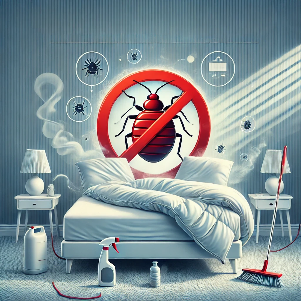 سرير نظيف ومرتب في غرفة نوم مضيئة وهادئة، يرمز إلى التخلص من البق وبيئة نوم صحية.