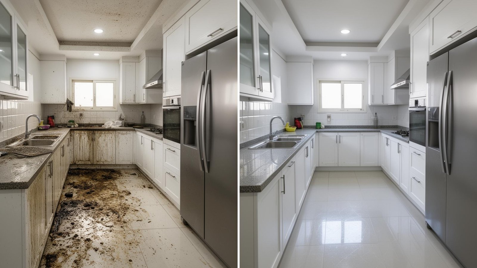 شركة تنظيف بمكة - تنظيف مطبخ قبل وبعد بأيدي عمالة فلبينية محترفة