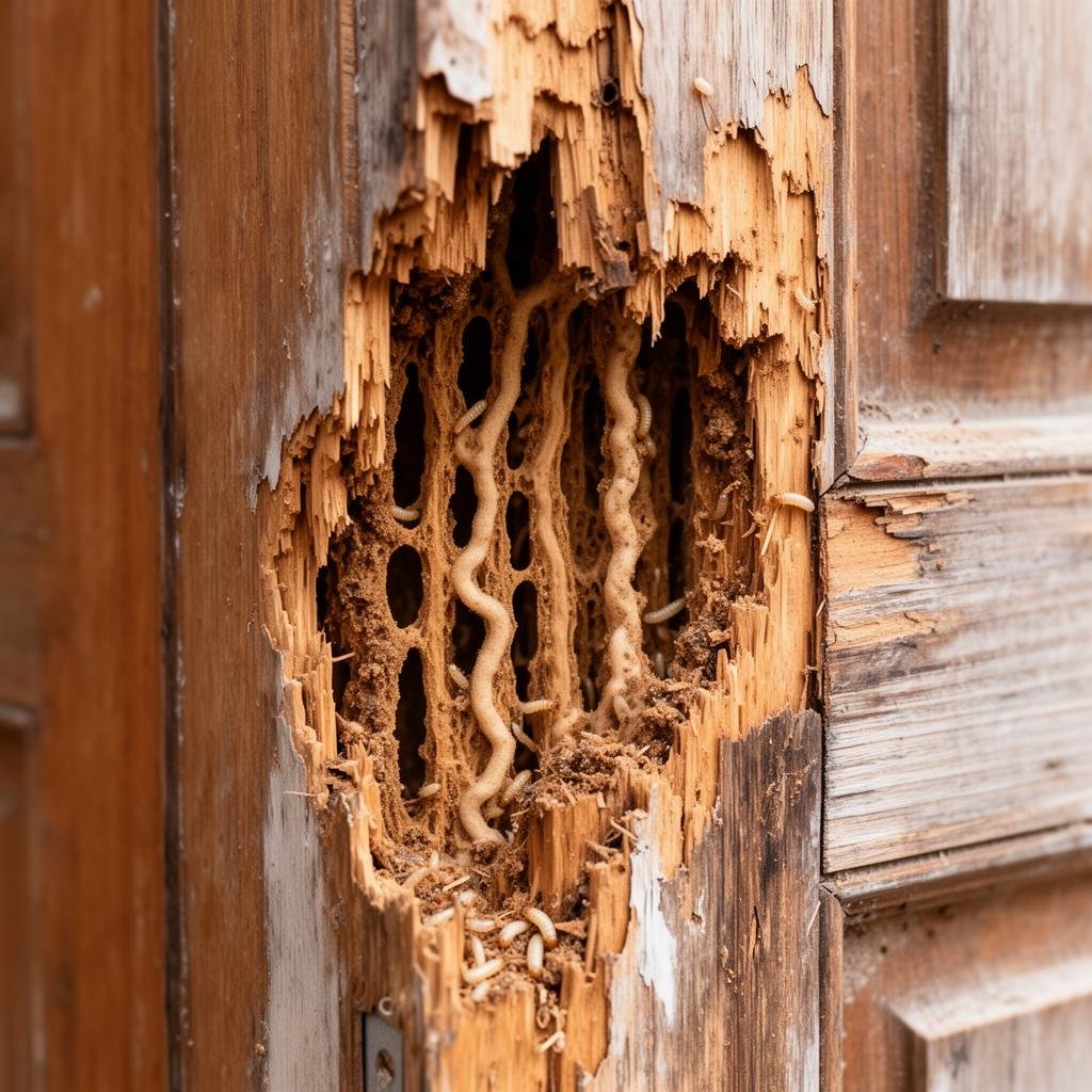 شركة مكافحة النمل الابيض بجدة 10 أضرار النمل الابيض في إطار باب خشبي - تلف وأنفاق