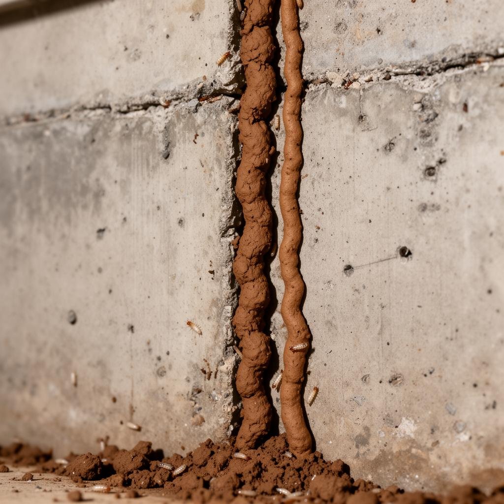 شركة مكافحة النمل الابيض بجدة 6 أنفاق طينية للنمل الابيض على جدار خرساني - علامات الإصابة