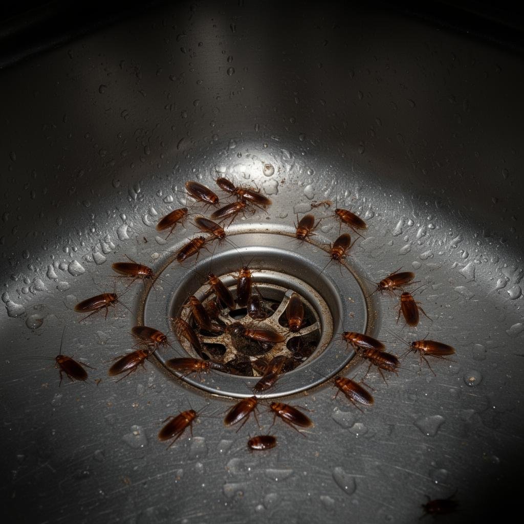 شركة مكافحة الصراصير بالمدينة المنورة 3 صراصير ألمانية صغيرة حول مصرف حوض المطبخ