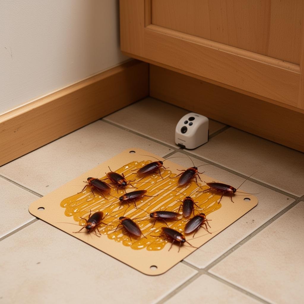 شركة مكافحة الصراصير بالمدينة المنورة 8 مصيدة لاصقة للصراصير على أرضية المطبخ