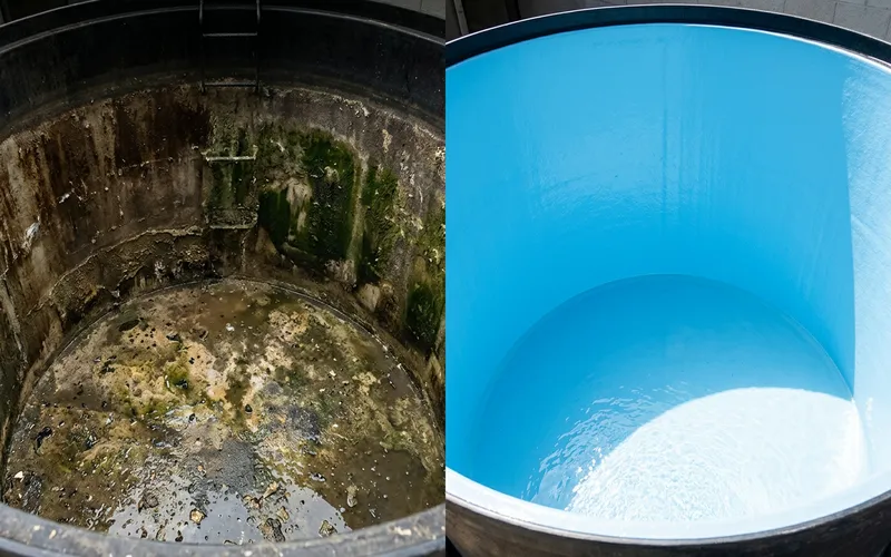 شركة تنظيف خزانات بالباحة – غسيل وتعقيم خزانات المياه 2026 2 الفرق بين خزان مياه قبل وبعد التنظيف بالباحة