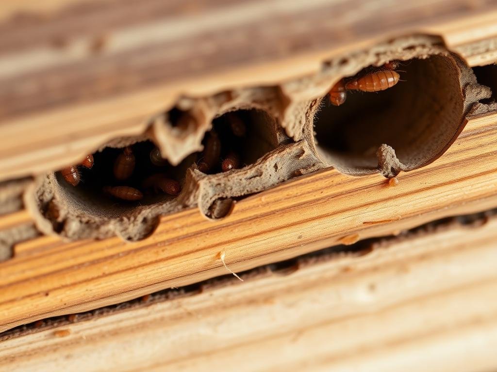 كيفية التخلص من النمل الأبيض نهائياً: دليل شامل 2026 1 أضرار النمل الأبيض في الخشب - أنفاق وممرات محفورة