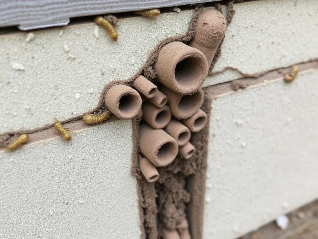 كيفية التخلص من النمل الأبيض نهائياً: دليل شامل 2026 3 أنفاق طينية للنمل الأبيض على جدار خرساني