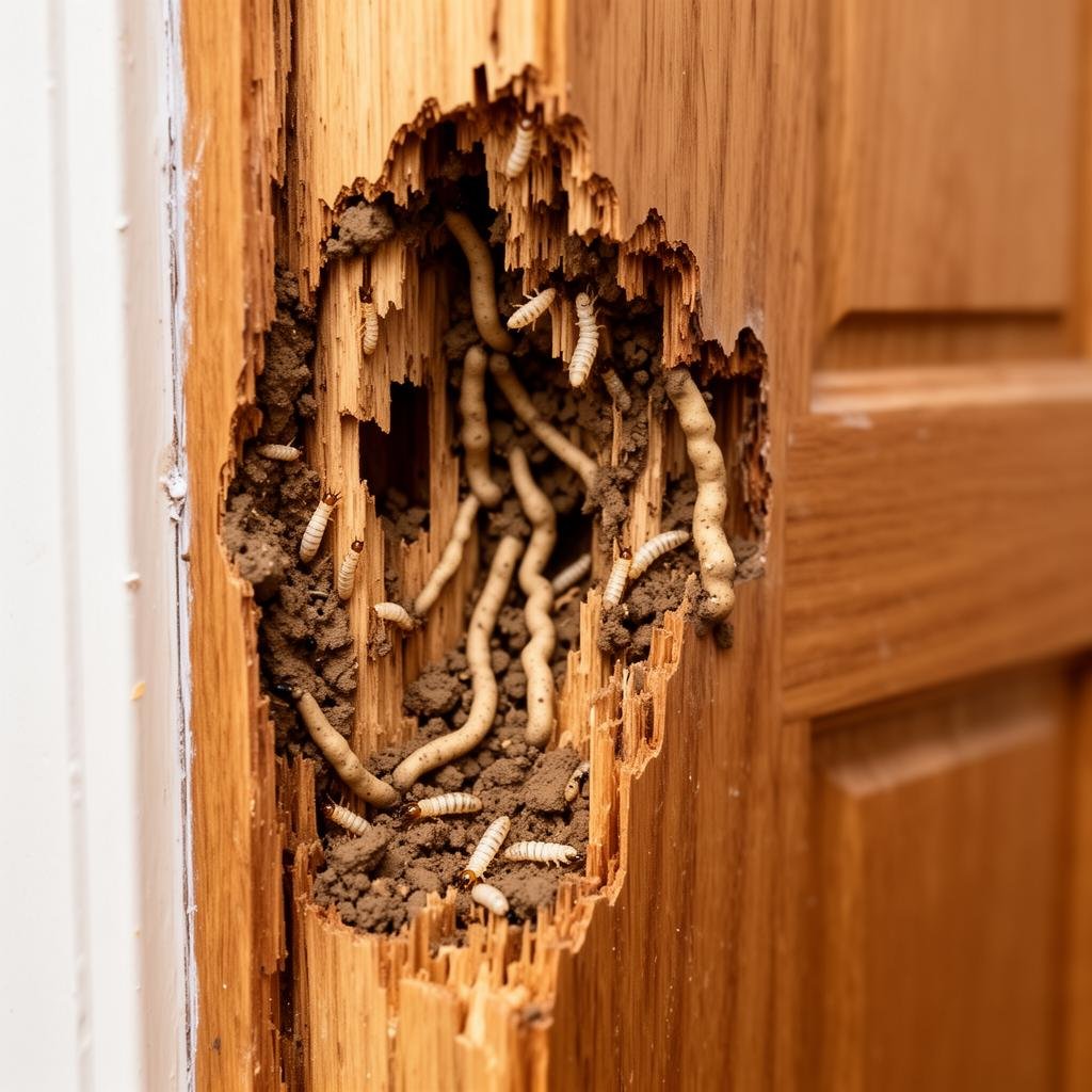 أضرار النمل الأبيض على إطار باب خشبي بالرياض