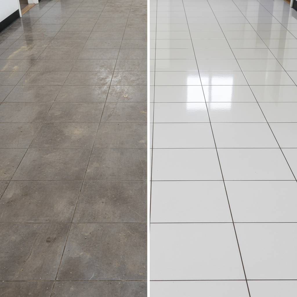 شركة تنظيف سيراميك بجدة | جلي وتلميع بلاط 2026 3 أرضية سيراميك قبل وبعد التلميع - جلي بلاط بجدة