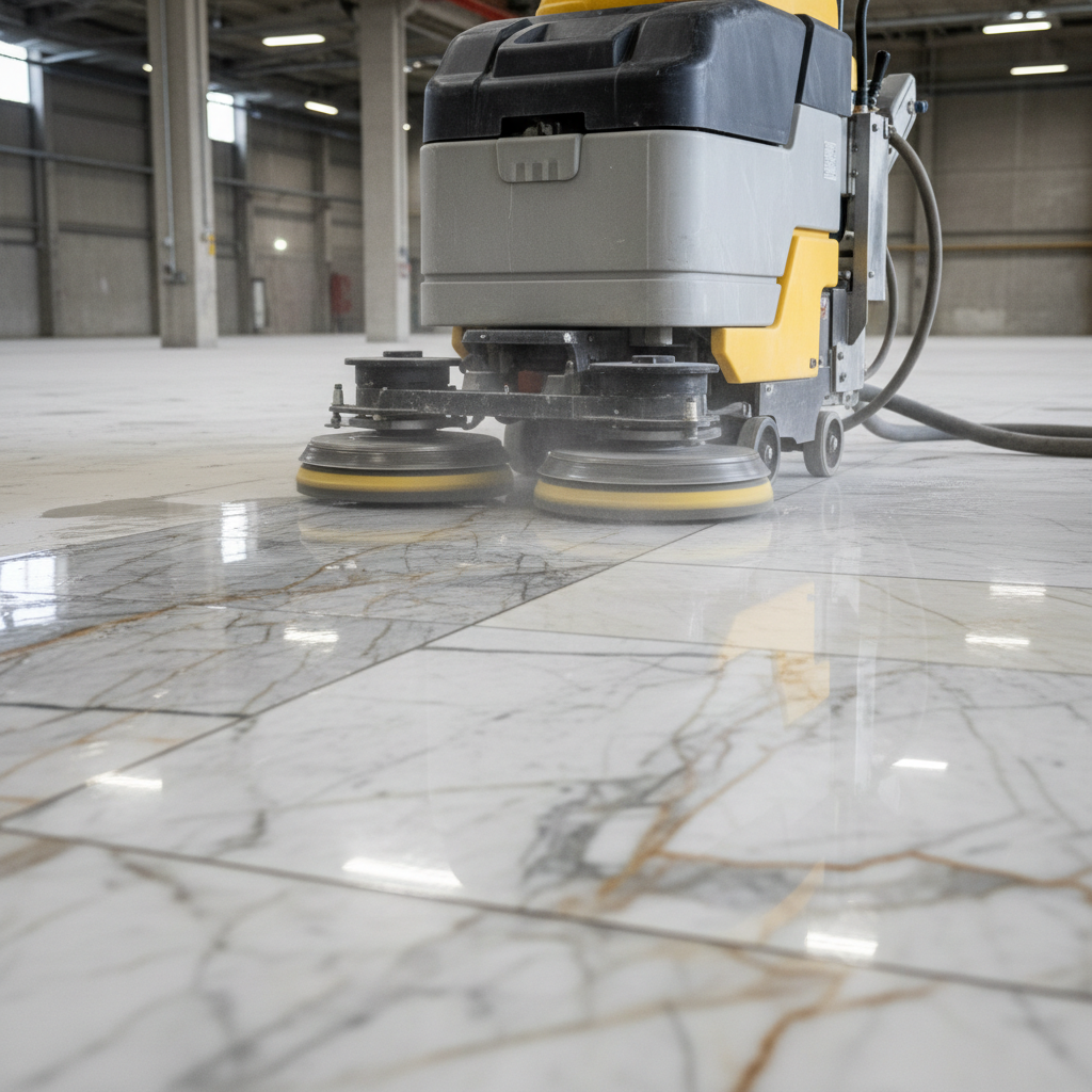 شركة تنظيف سيراميك بجدة | جلي وتلميع بلاط 2026 4 ماكينة جلي بلاط أثناء العمل - تنظيف أرضيات بجدة